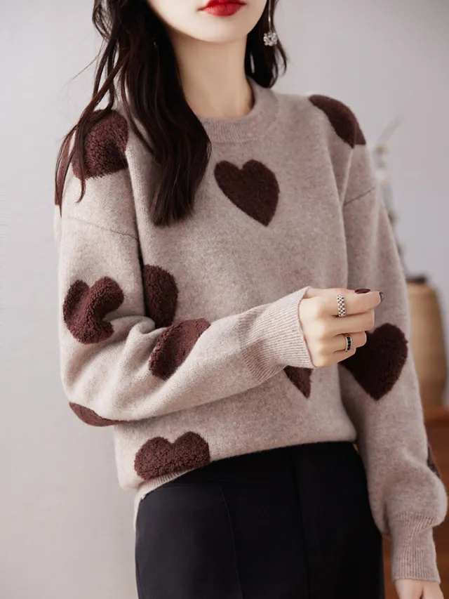 Round Neck Pullover Love Pure Wool Sweater Ladies Camel Coffee - Shop at LoveMi