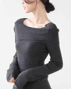 Gentle Temperament One-word Collar Lapel Knitwear Women's Autumn And Winter New Style - Gray - View 1