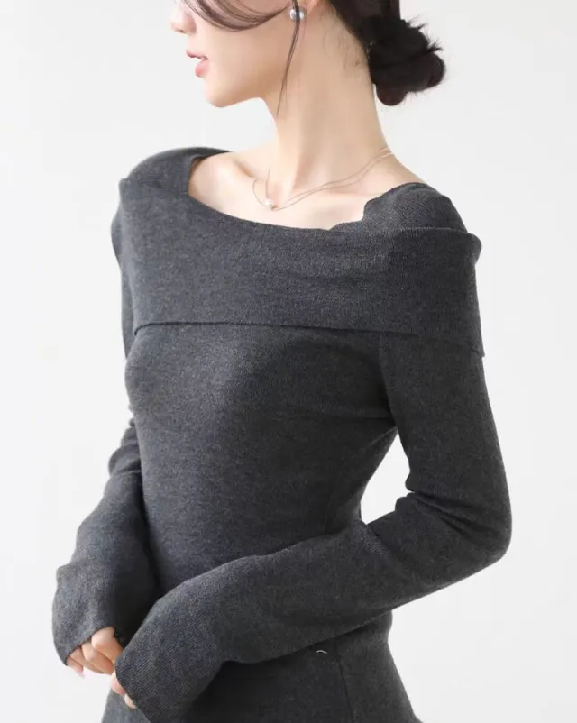 Gentle Temperament One word Collar Lapel Knitwear Women's Autumn And Winter New Style Gray - Shop at LoveMi