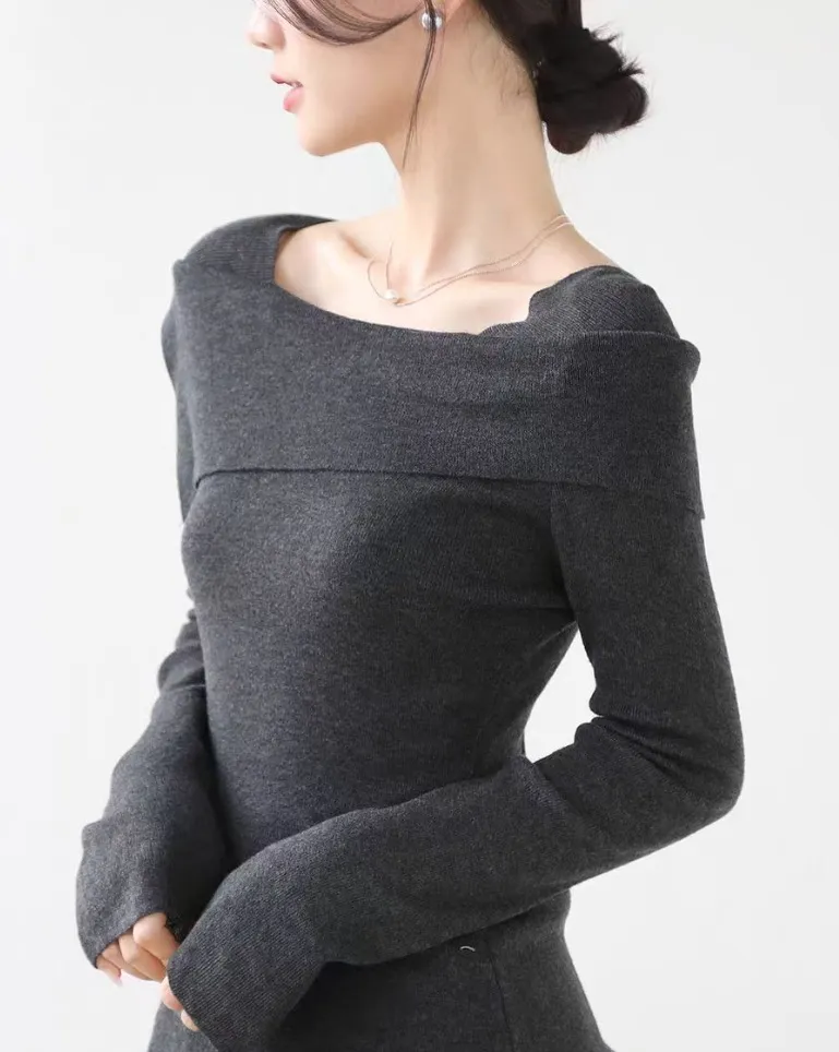 Gentle Temperament One-word Collar Lapel Knitwear Women's Autumn And Winter New Style - Grey