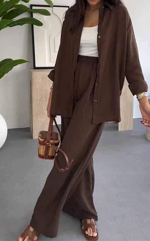 Fashion Solid Color Loose Top Casual Wide Leg Pants Two-piece Set - Image 2