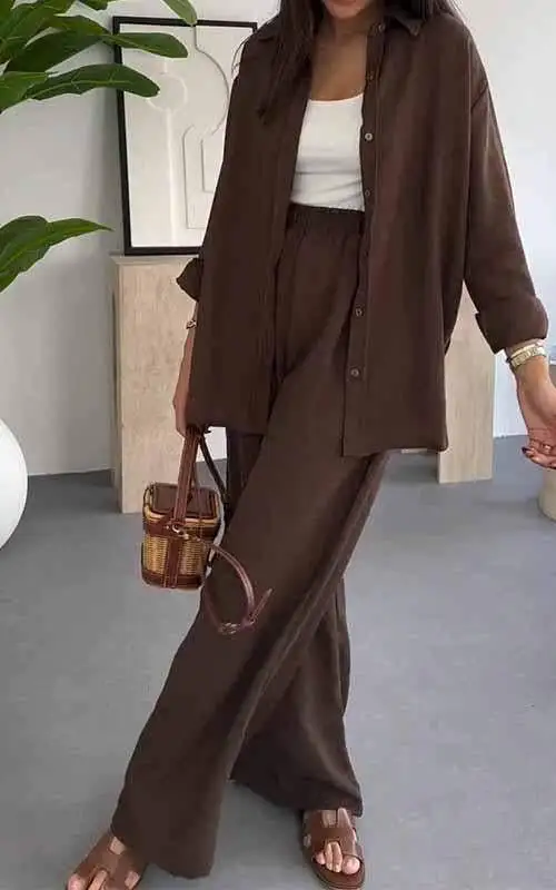 Fashion Solid Color Loose Top Casual Wide Leg Pants Two piece Set Brown - Shop at LoveMi