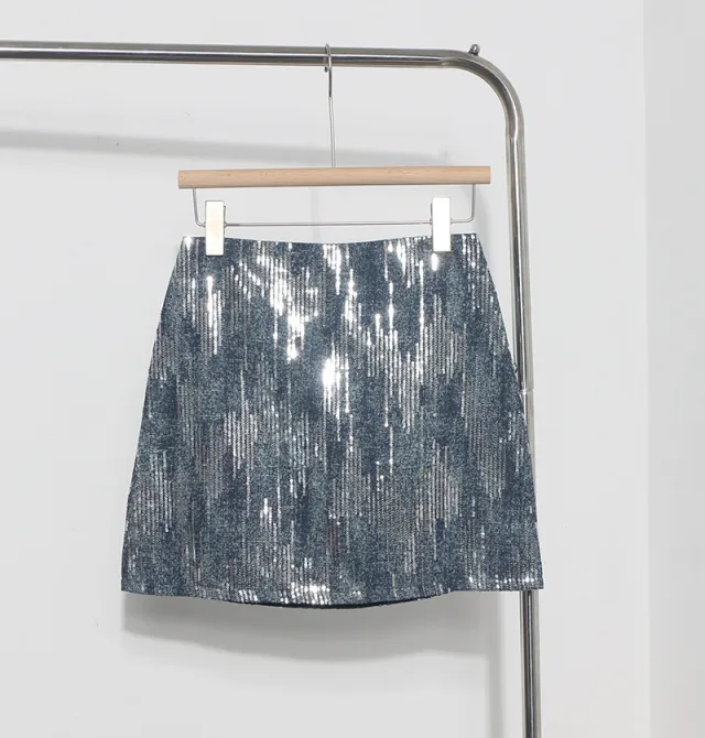 High Waist A Line Sequined Skirt Shiny Skirt Blue - Shop at LoveMi