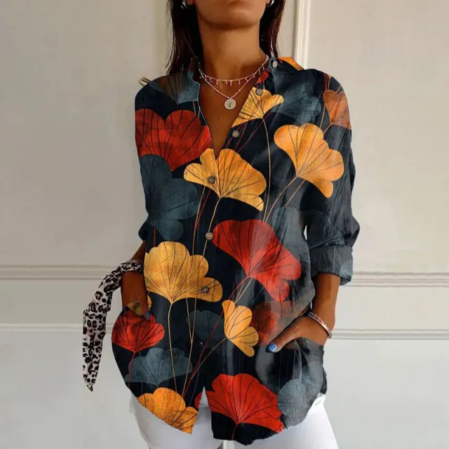 Women's Retro Red Apricot Leaf Printed Loose Shirt Dark Gray - Shop at LoveMi
