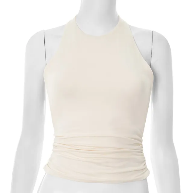 European And American Buckle Halter Backless Sexy T shirt Apricot - Shop at LoveMi