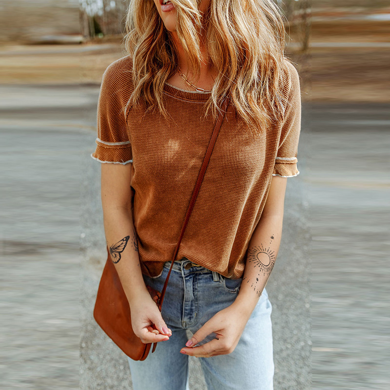 Women's Solid Color Waffle Knitted Pullover