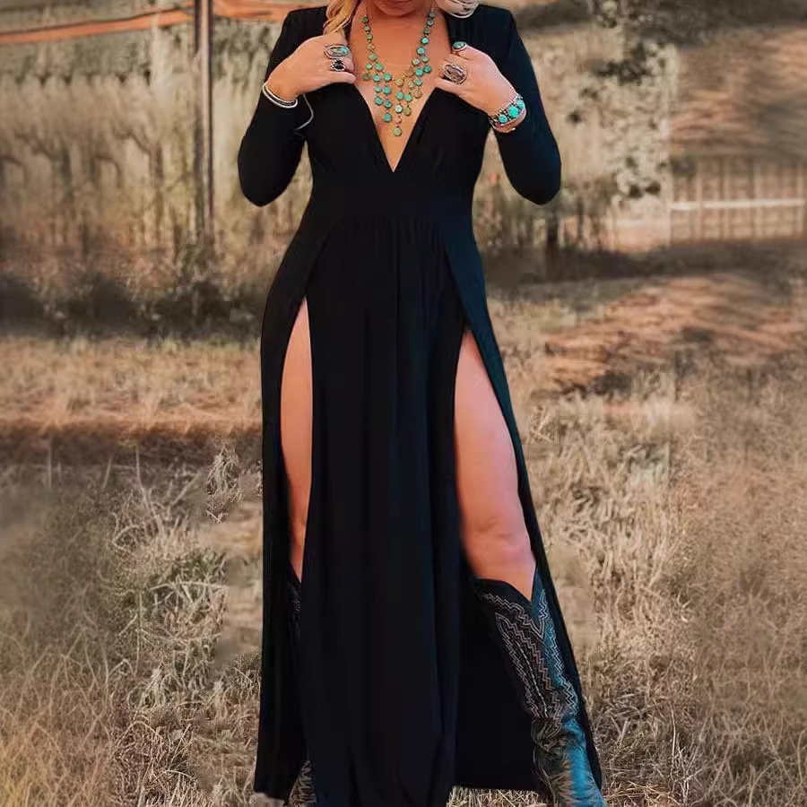 Long-sleeve V-neck Solid-color Hollow-out Dress