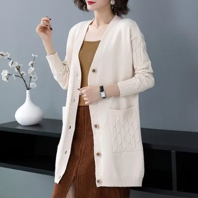Women's Knitted Cardigan Sweater Mid length Apricot - Shop at LoveMi
