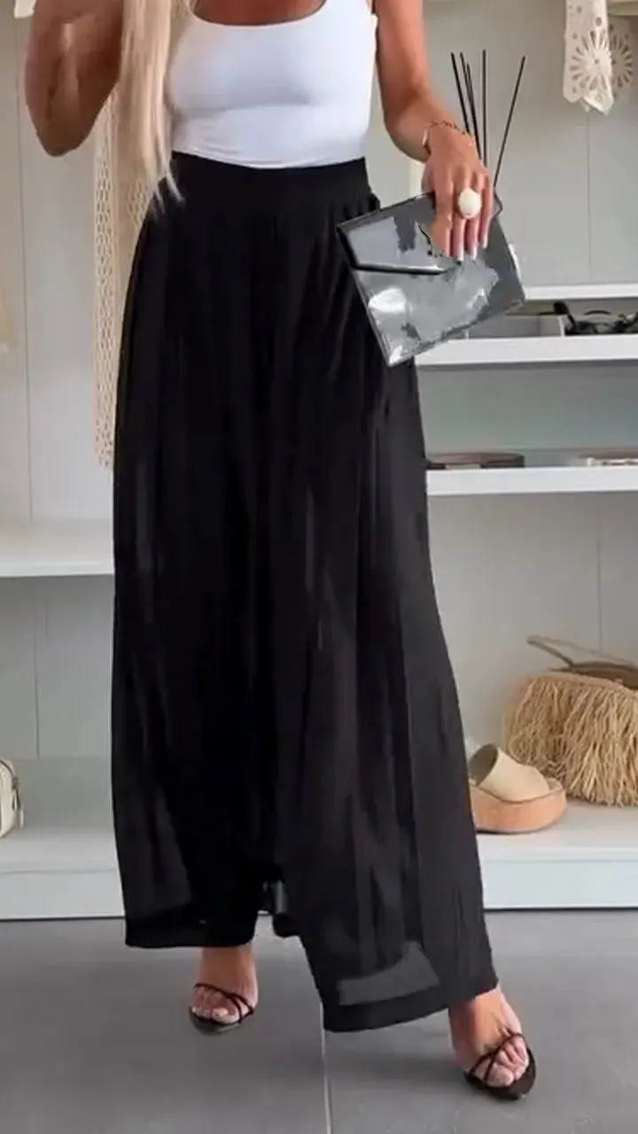 Women's Solid Color Casual Loose Pleated Skirt - Black