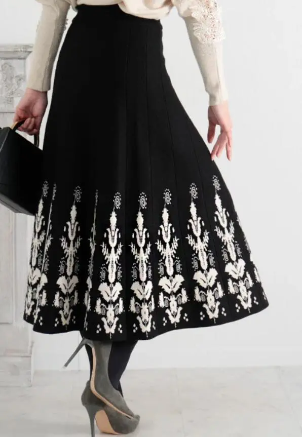Jacquard Slim Knit A Line Temperament Long Dress Black - Shop at LoveMi