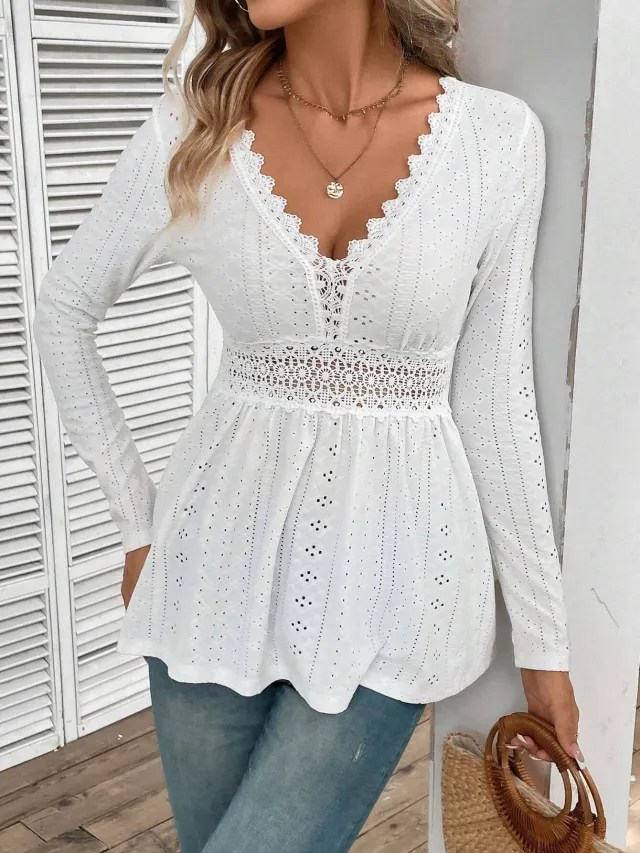 Elegant And V neck Stitching Lace Long Sleeve Top White - Shop at LoveMi