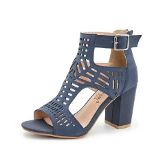 Large Size Thick Heel High Heel Hollow Peep Toe Sandals For Women - Blue - View 1