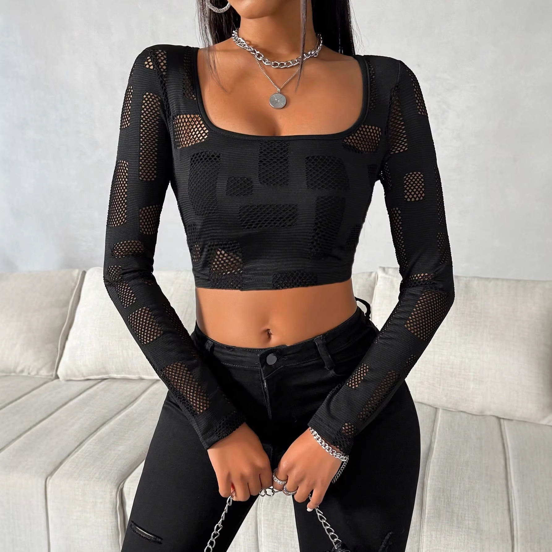 Fashionable Square Neck Mesh Short Top