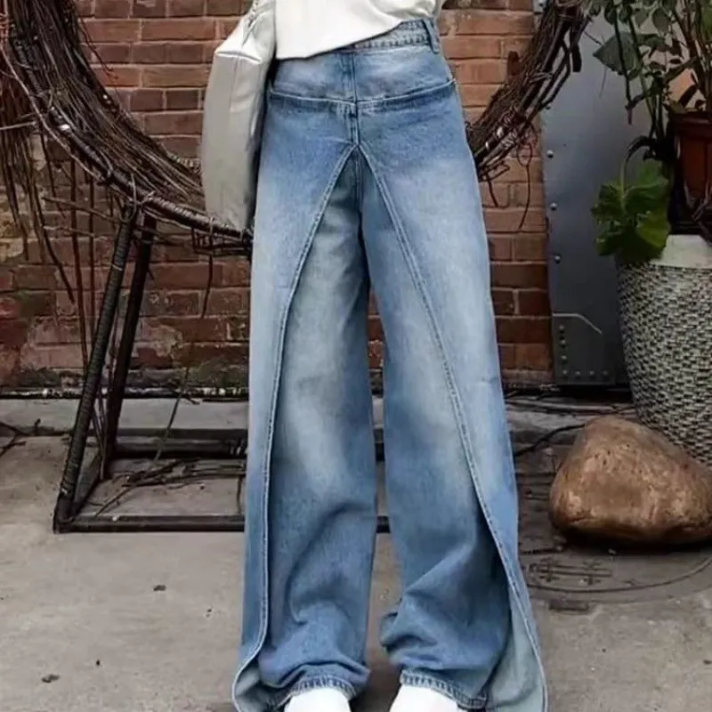 Women's High Waist Reverse Personalized Wide-leg Mop Straight Jeans - Blue
