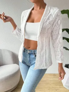 European And American Elegant Solid Color Lace 9 Sleeve Lapel Casual Suit Women's Jacket - White - View 1