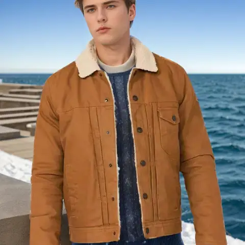 Men's Coat Fleece Padded Fur Collar Single-breasted Multi-pocket