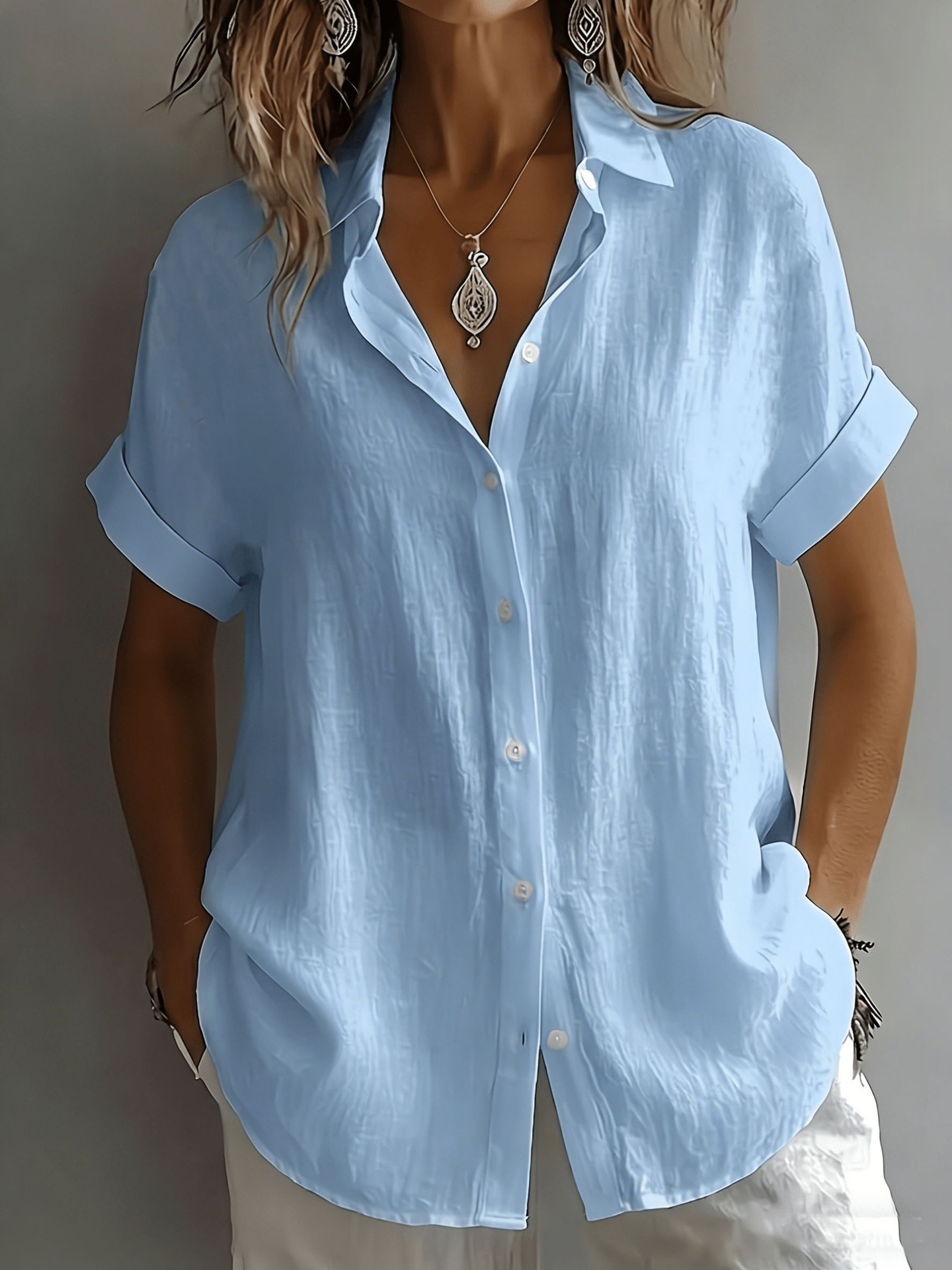 Womens Breathable Pleated-texture Casual Blouse