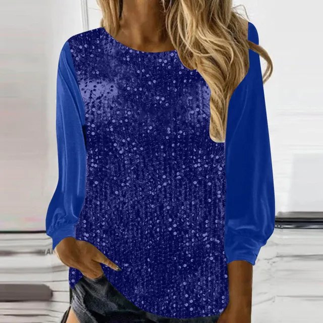 European And American Women's Clothing Casual Round Neck Long Sleeve Pullover Loose Sequins Top Blue - Shop at LoveMi