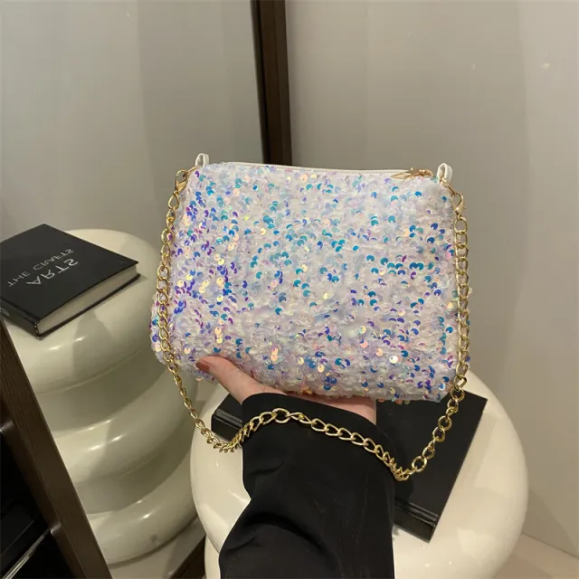 Contrast Color And Versatile Sequined Underarm Bag For Women White - Shop at LoveMi