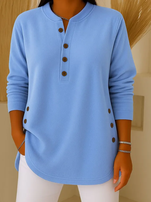 V neck Button Solid Color Knitted Long Sleeve T shirt Blue - Shop at LoveMi