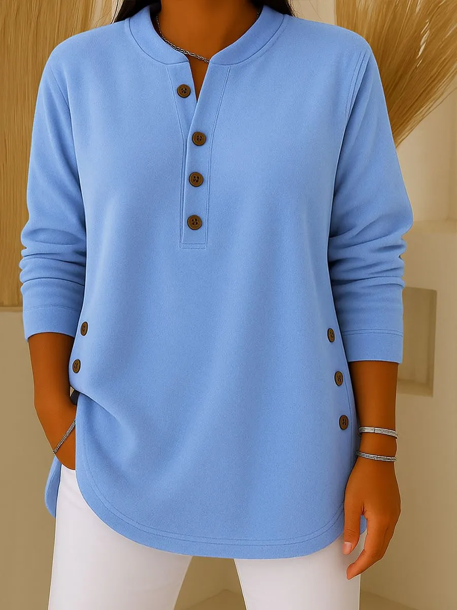 V-neck Button Solid Colour Knitted Long Sleeve T-shirt - Blue