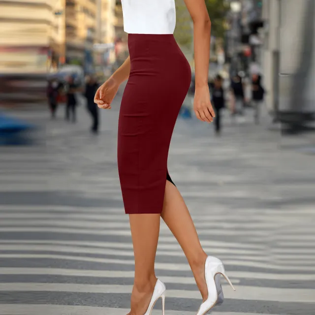 Pure Color Tight Hip Zipper Suit Skirt Mid length Wine Red - Shop at LoveMi