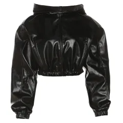 New Women's Clothing Fashion Long Sleeve Zipper Slim Fit Hooded Faux Leather Coat For Women - Black - View 1