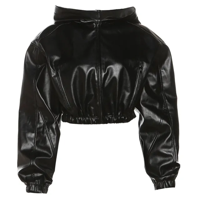 New Women's Clothing Fashion Long Sleeve Zipper Slim Fit Hooded Faux Leather Coat For Women Black - Shop at LoveMi