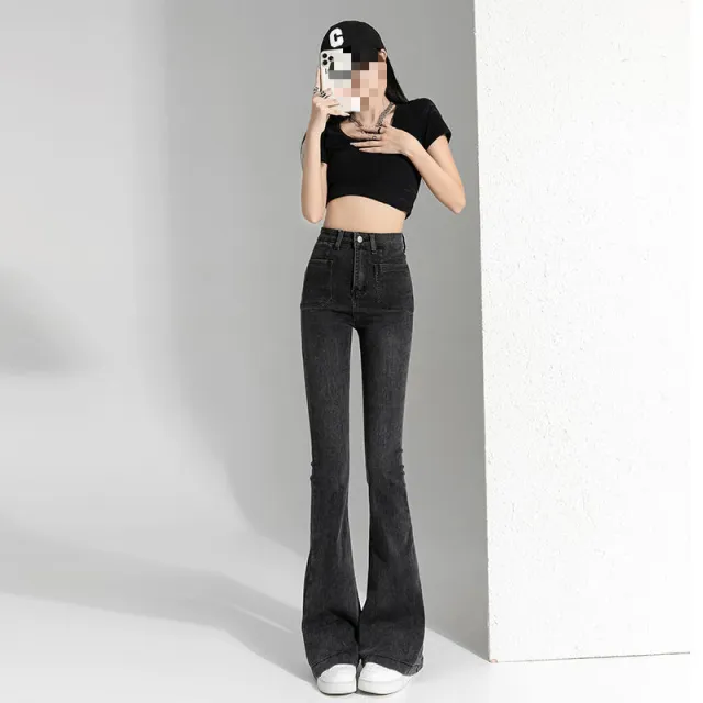 Spring And Autumn Slightly Flared Jeans Women Black Regular - Shop at LoveMi
