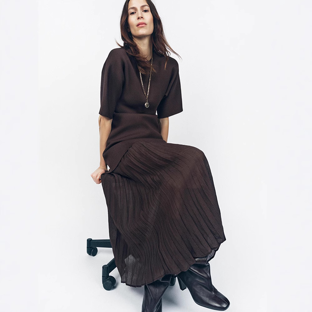Elegant Brown Patchwork Pleated Short Sleeves Long Dress Belt