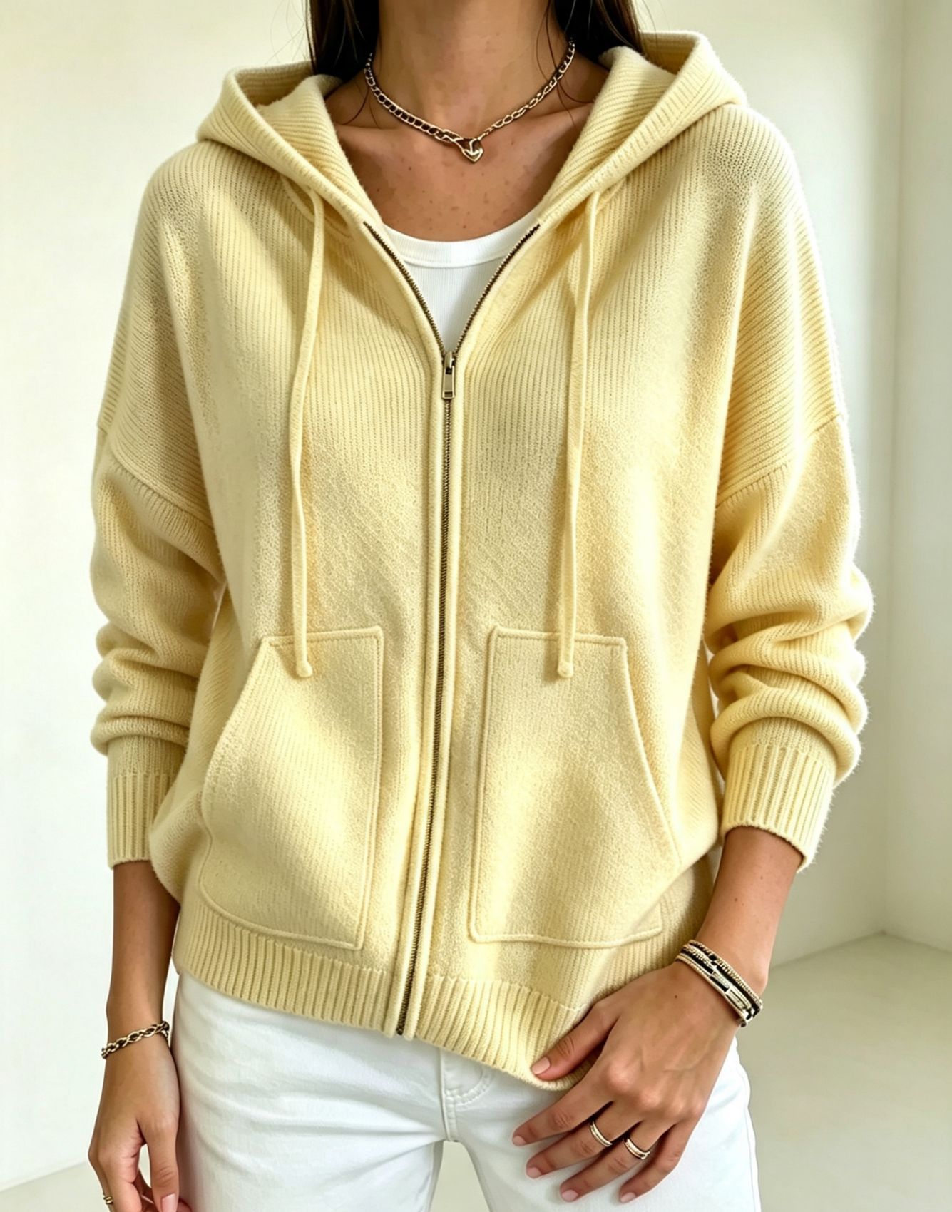 Solid-color Hooded Zip-up Loose-fit Knit Cardigan For Women 5
