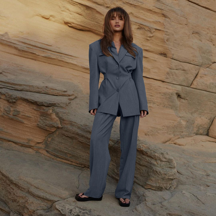 Sophisticated Lapel Waist-cinched Blazer And Casual Trousers Set