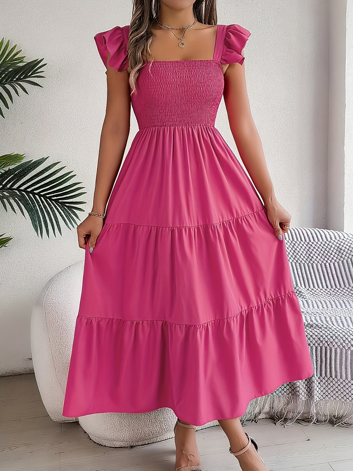 Women's Bubble Sleeve Temperament Multi layer Tiered Dress Rose - Shop at LoveMi