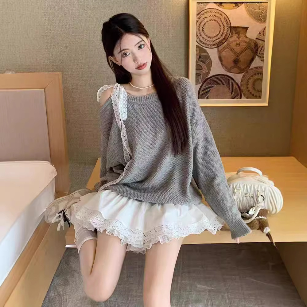 Idle Style Off-the-shoulder Lace-up Knitted Dress Women
