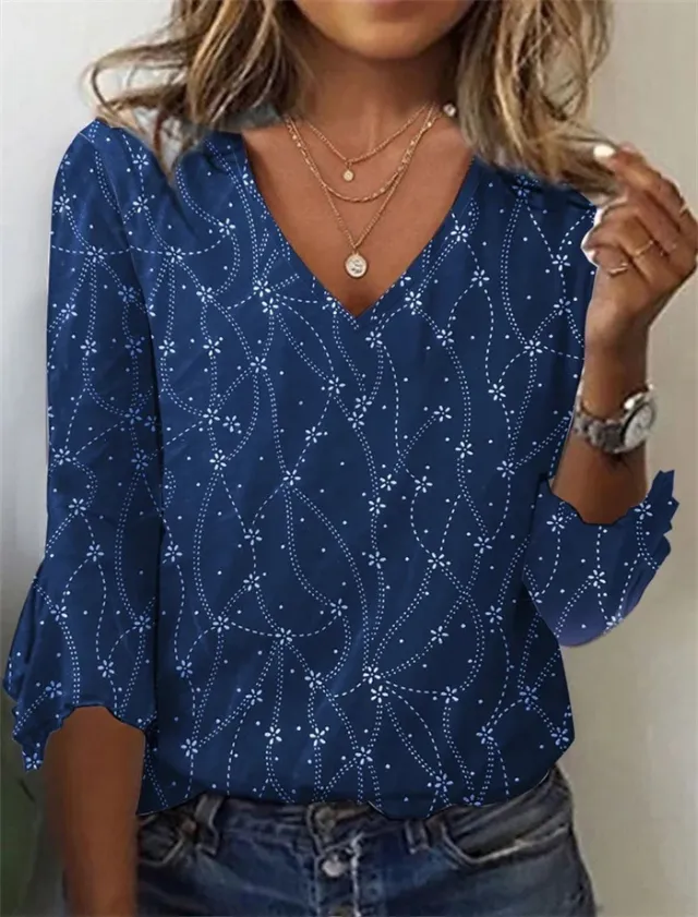Elegant Style Bell Sleeve V neck Knitted Women's Blouse Blue - Shop at LoveMi