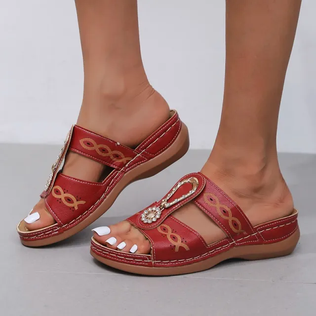 Hollow Out Slippers Slides Large Size Summer Wedge Sandals Roman Shoes Red - Shop at LoveMi
