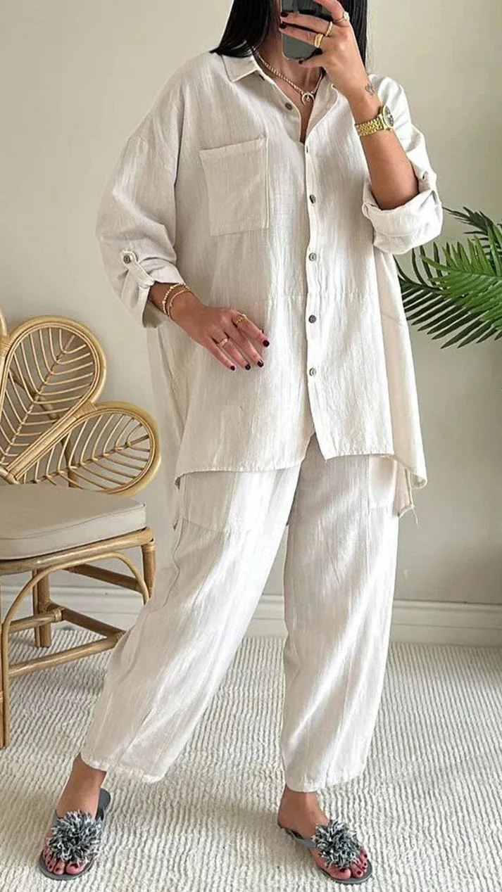 Cotton And Linen Shirt Outfit High Waist Loose - White