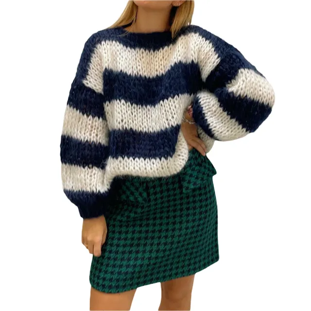 Round Neck Loose Blue And White Striped Sweater Blue And White Stripes - Shop at LoveMi