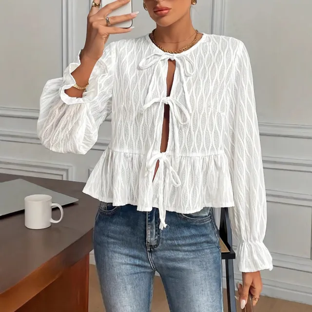Long sleeve Tie front Casual Versatile Women's Top White - Shop at LoveMi