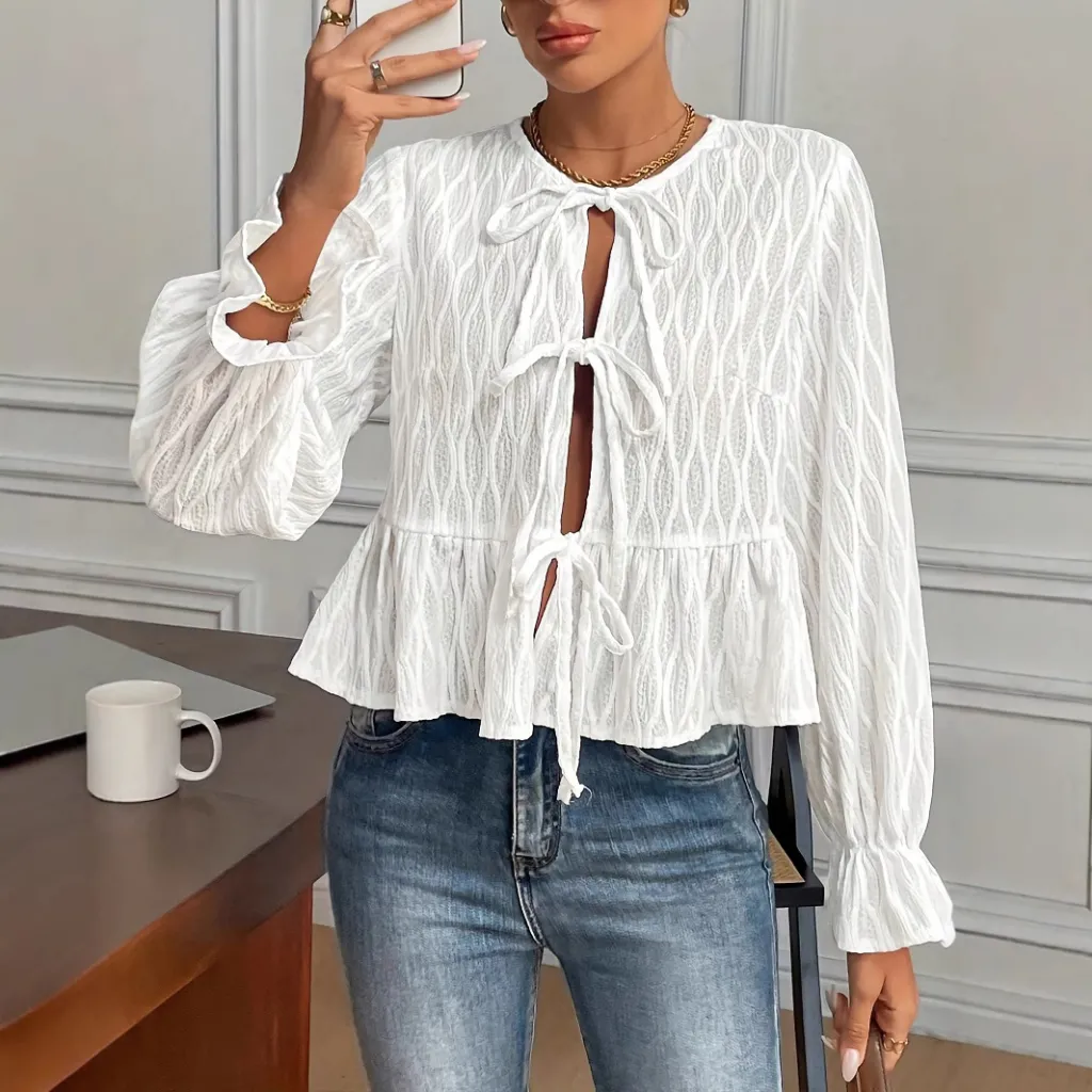 Long-sleeve Tie-front Casual Versatile Women's Top - White