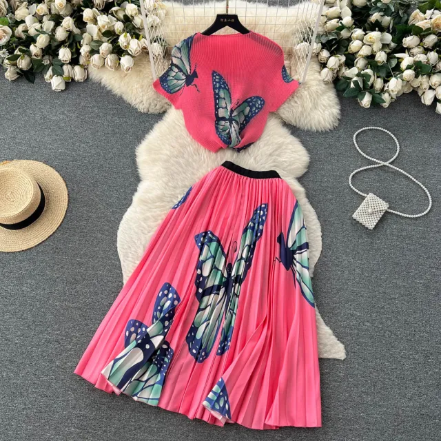 Stretch Short sleeved Top High Waist Pleated Skirt Two piece Set Pattern 2 - Shop at LoveMi