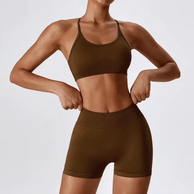 Seamless Beauty Back Yoga Clothes Running Quick drying Tight Sports Fitness Clothes Suit Women Bra Shorts Brown - Shop at LoveMi
