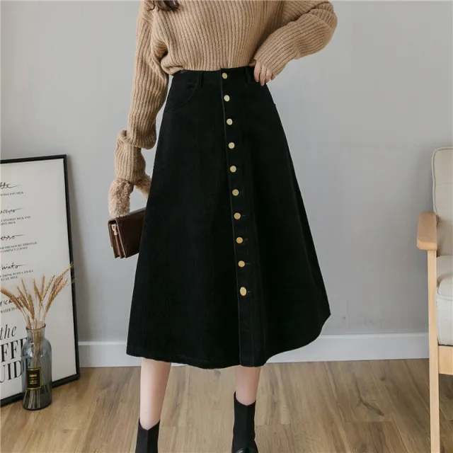 Corduroy Retro Fashion A Line Dress Midi Skirt Black - Shop at LoveMi