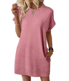 Summer New Loose Round Neck Pocket Solid Colour Short Sleeve Dress Women - Pink - View 1