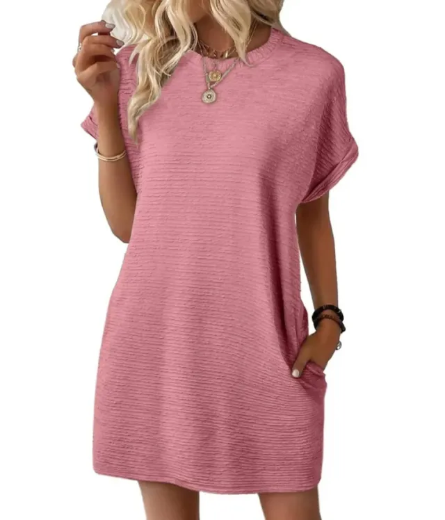 Summer New Loose Round Neck Pocket Solid Color Short Sleeve Dress Women Pink - Shop at LoveMi
