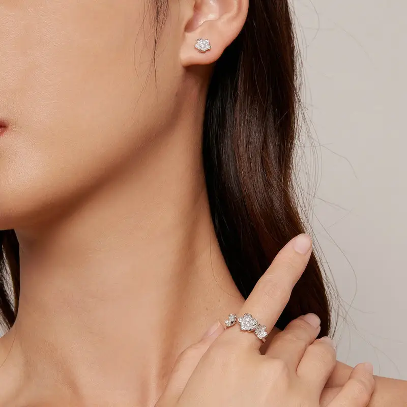 Original Inlaid Zircon Flowers Ear Stud And Ring Jewelry Suit
