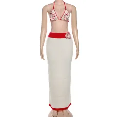 Autumn Lace-up Backless Sling One-step Long Skirt Rose Colourblock Embroidery Two-piece Set - Red - View 1