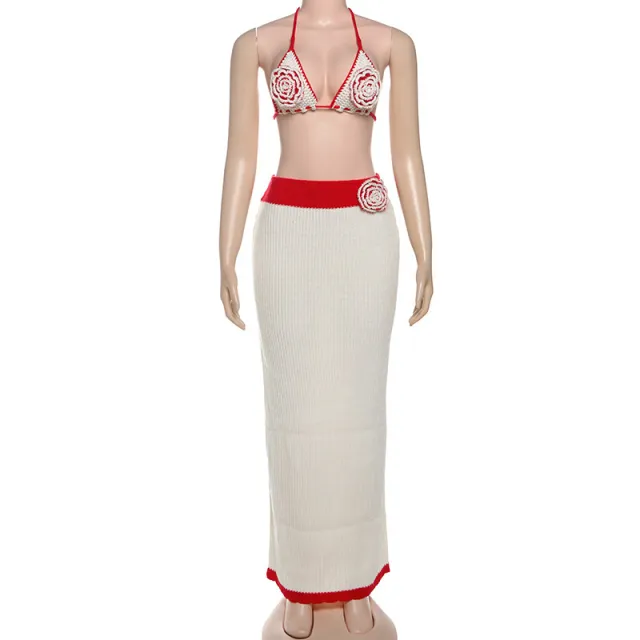 Autumn Lace up Backless Sling One step Long Skirt Rose Colorblock Embroidery Two piece Set Red - Shop at LoveMi