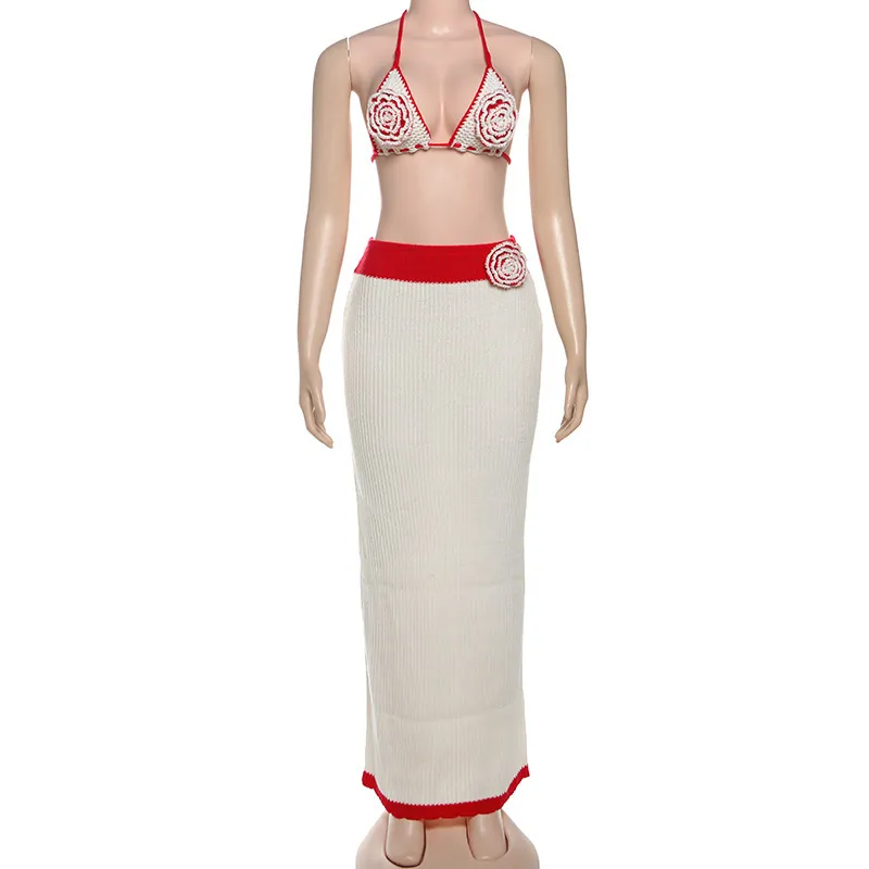 Autumn Lace-up Backless Sling One-step Long Skirt Rose Colorblock Embroidery Two-piece Set - Red
