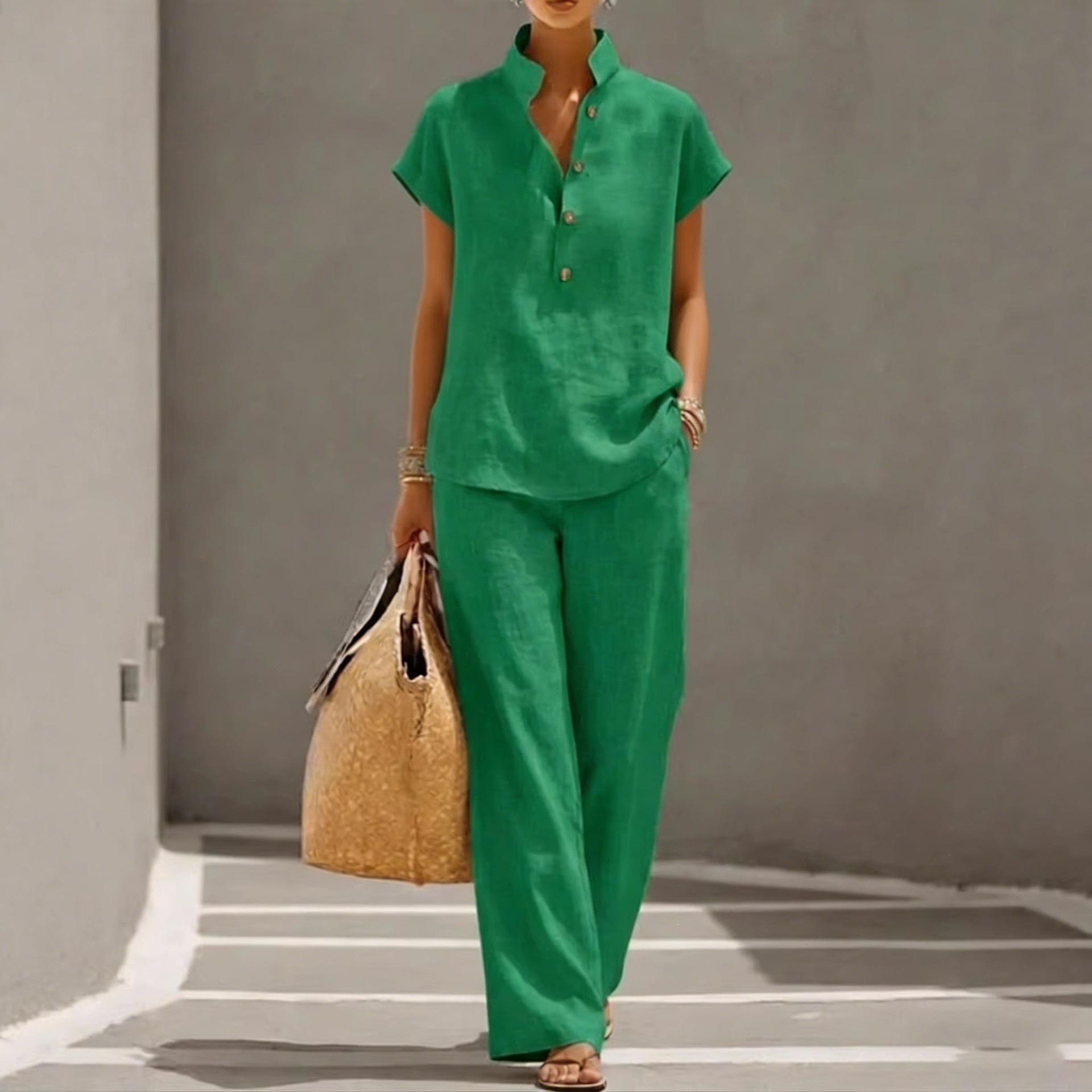 Cardigan short sleeve top and pants three-piece set lifestyle photo – solid color casual lounge women's fashion